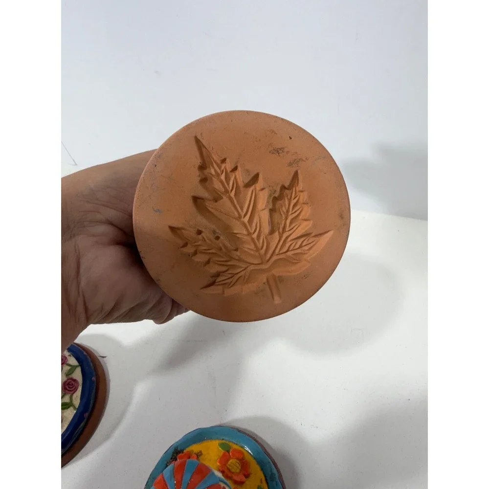 Vintage Style Hand Painted Terracotta Cookie Stamps Set of 3 Floral Autumn Leaf